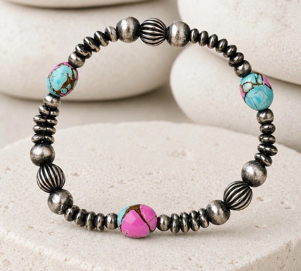 Sterling Silver Turquoise Navajo Pearl Style Bracelet Cotton Candy Southwest XS